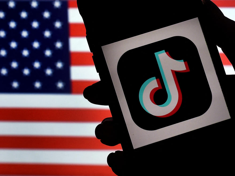 The social media application logo, TikTok is displayed on the screen of an iPhone on an American flag background. With the TikTok CEO set to testify on Capitol Hill on Thursday, influencers and lobbyists are pressing the government not to ban the app.