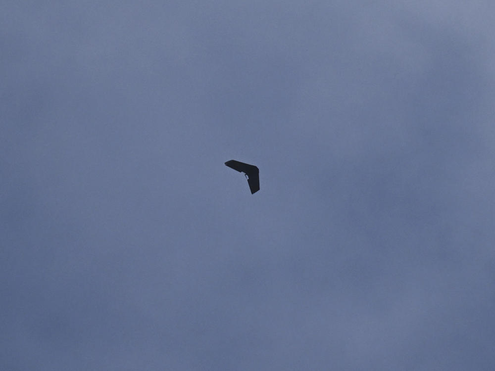 A drone flies above Ukrainian positions near Bakhmut on Mar. 20, 2023