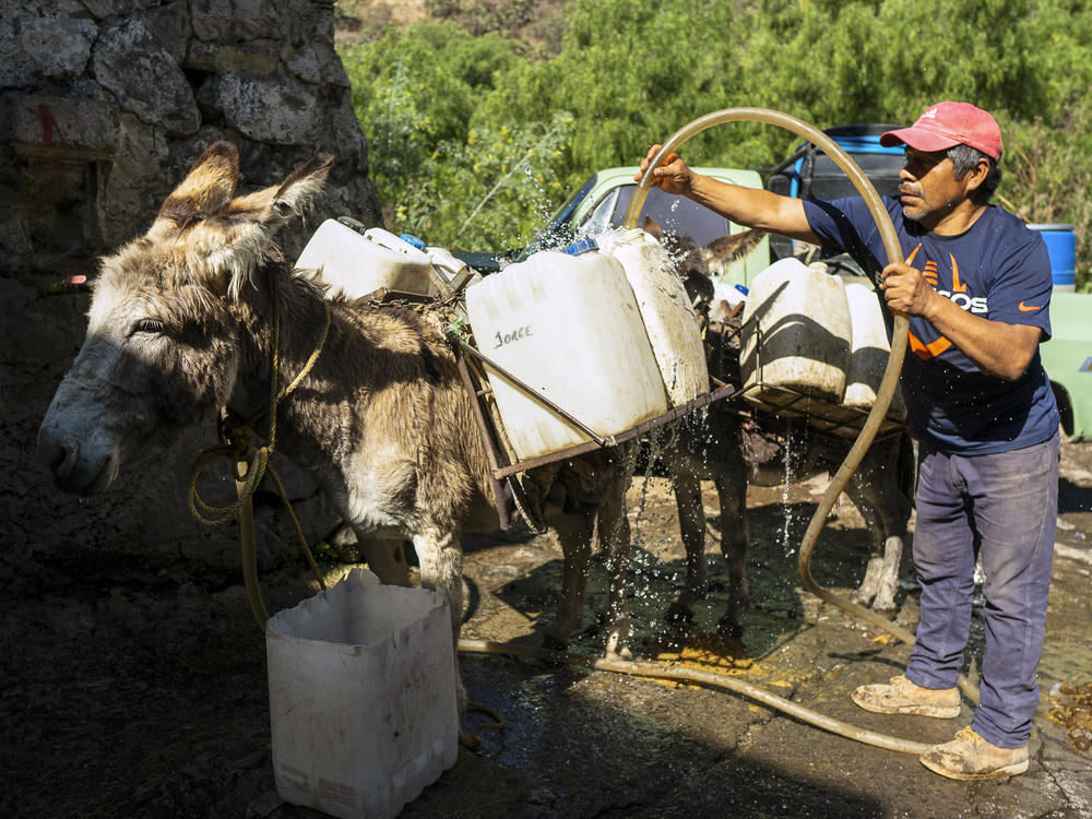 A man fills cans with water in order to bring water to homes in Xochimilco, Mexico.