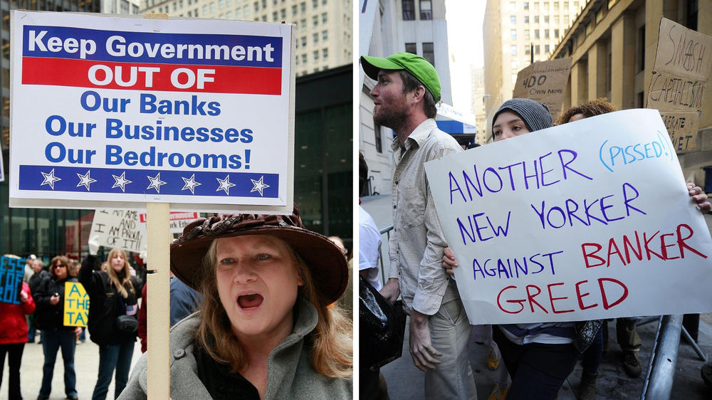 Left: DeeDee Dieffenderfer participates in a Tea Party protest in Chicago on April 15, 2009. Right: Participants in 