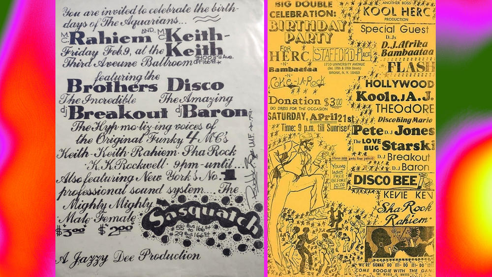Flyers for early hip-hop events featuring Sha-Rock, including one as a member of the original Funky 4.