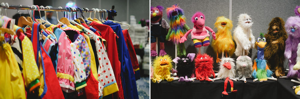 Clown clothes and puppets at the convention.