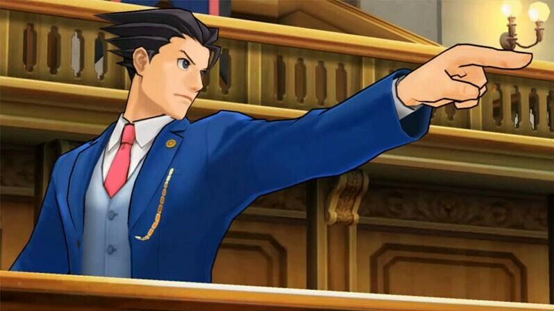 Phoenix Wright's trademark gesture in <em>Phoenix Wright: Ace Attorney — Dual Destinies</em>, a 3DS game that has since been ported to Android and iOS.