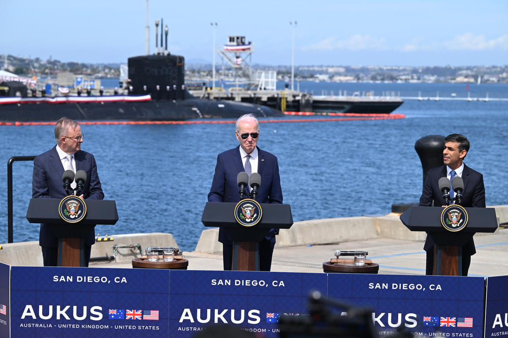 (From left) Australian Prime Minister Anthony Albanese, Joe Biden, and British Prime Minister Rishi Sunak hold a press conference after announcing the submarine deal.