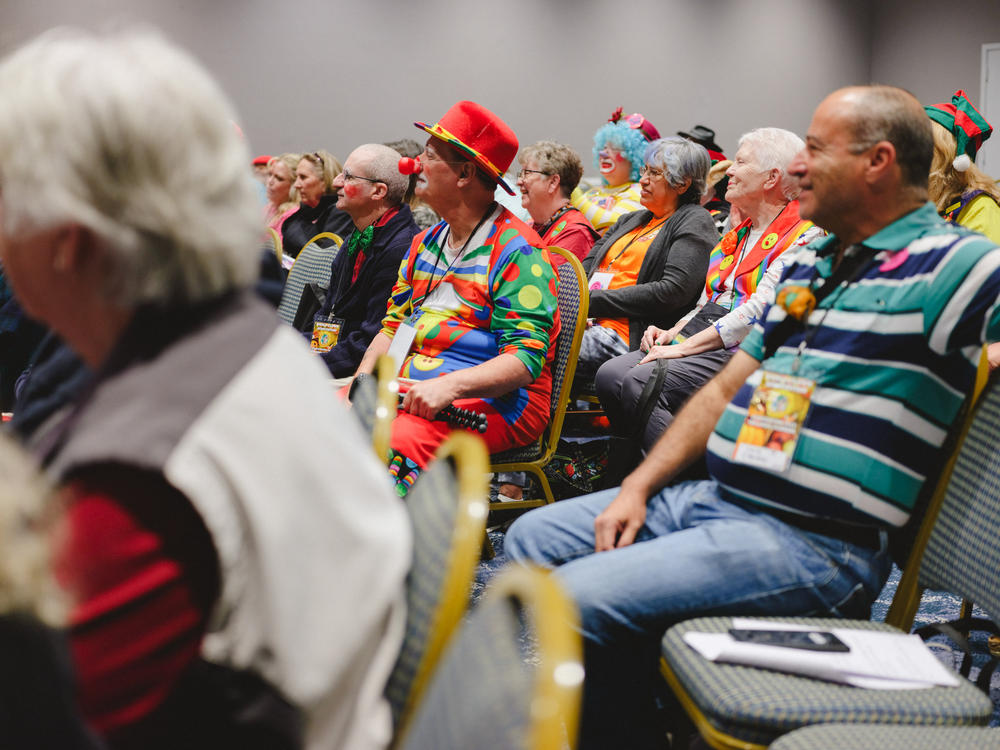 Audience at the World Clown Convention welcome orientation in Orlando, Florida on March 20, 2023.