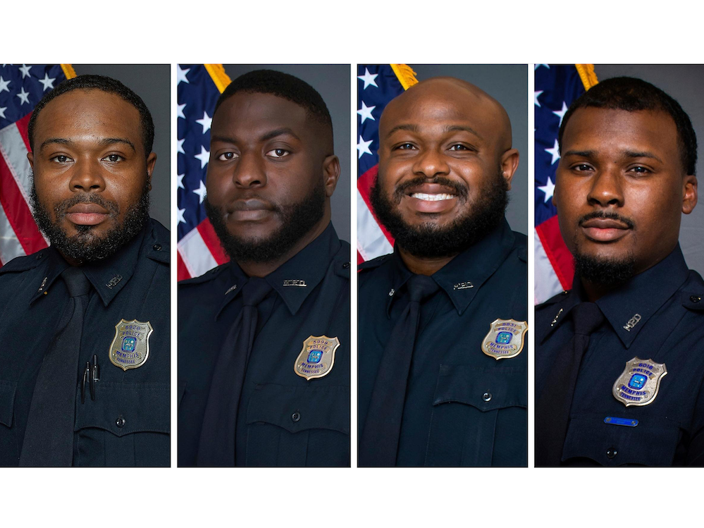 This combination of images provided by the Memphis Police Department shows (from left) former police officers Demetrius Haley, Emmitt Martin III, Desmond Mills Jr. and Justin Smith. A Tennessee commission voted to decertify Haley, Martin and Smith. Mills surrendered his certification.