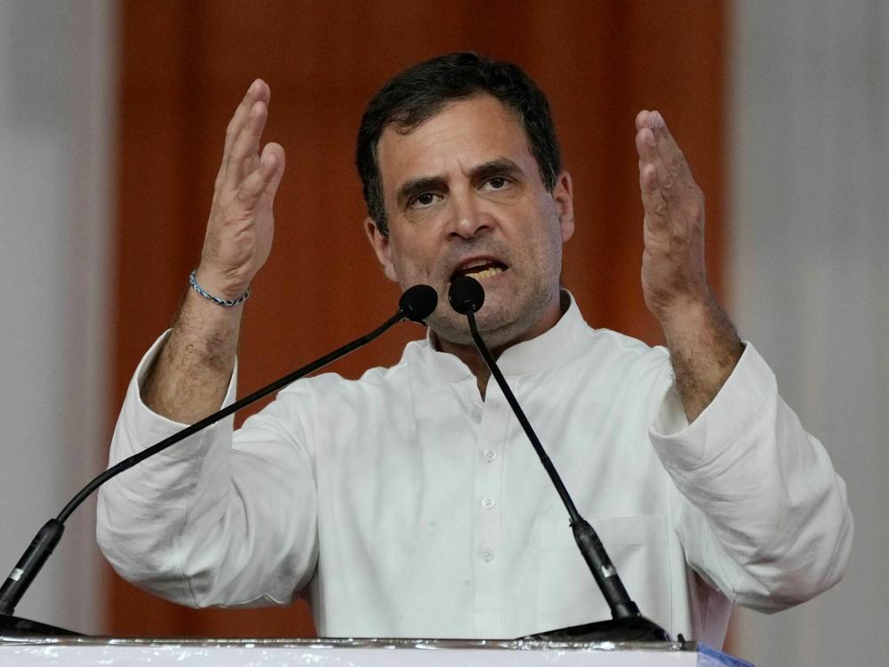 India's opposition Congress party leader Rahul Gandhi speaks during a meeting of his party workers in Ahmedabad, India, on Sept. 5, 2022. Gandhi has lost his parliamentary seat after he was disqualified following a court decision that found him guilty of defamation over his remarks about Prime Minister Narendra Modi.