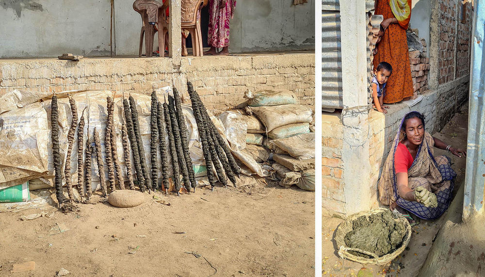 Because deforestation exacerbates flooding, residents of Golabari village in northern Bangladesh have started using sticks of cow dung rather than wood as fuel for cooking. On the left, cow dung sticks dry in the sun before being used in cookstoves. On the right, residents seal the foundations of their homes with a mix of cow dung and water, which acts like a varnish against floodwaters.