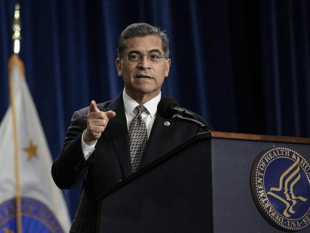 Secretary of the Department of Health and Human Services Xavier Becerra at a news conference at HHS headquarters in Washington, D.C., on March 9, 2023. Becerra said gun violence contributes to shorter lifespans in the U.S.