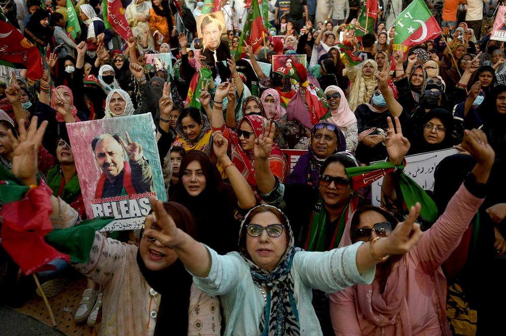 Supporters of Imran Khan, Pakistan's former prime minister, shout slogans during a protest in Karachi on March 19, demanding release of arrested party workers in recent police clashes.