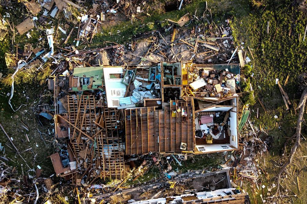 Aerial view of a destroyed neighborhood in Rolling Fork, Mississippi, after a tornado touched down in the area.