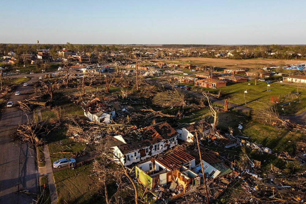 Aerial view of a destroyed neighborhood in Rolling Fork, Mississippi, after a tornado touched down in the area.