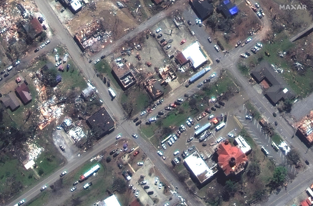 AFTER: Closer view of damaged U.S. Post Office and county clerk office on Walnut Street, Rolling Fork, Miss. on March 26, 2023.