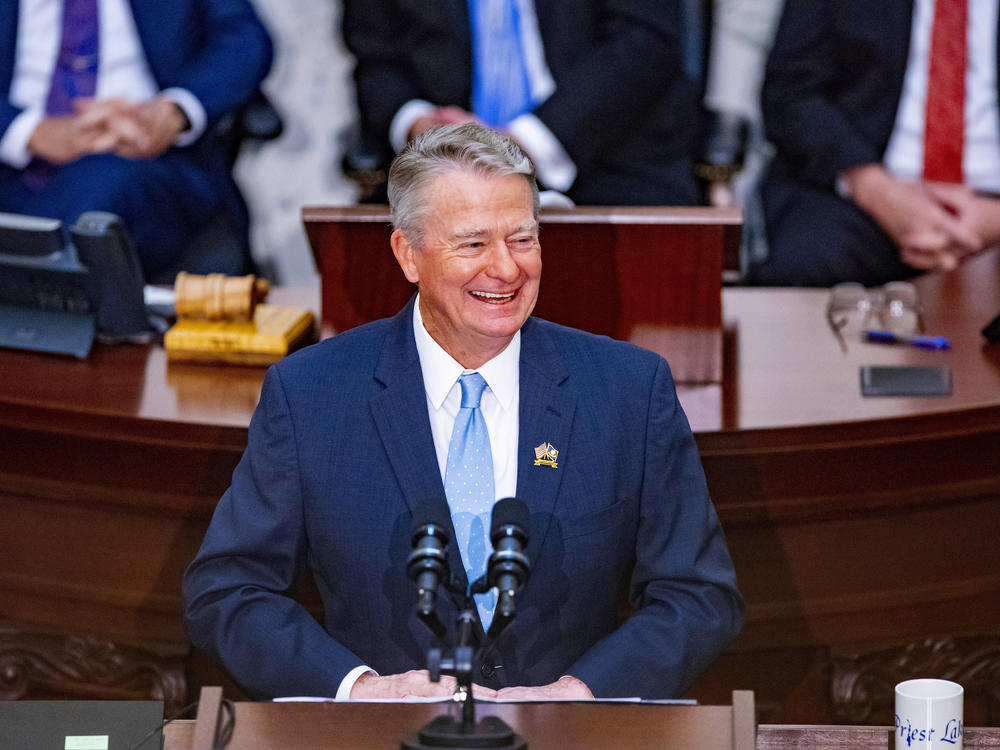 Idaho Gov. Brad Little delivers his 2023 State of the State address at the Idaho State Capitol in Boise in January. A new law allows executions by firing squad if no lethal injection drugs are available.