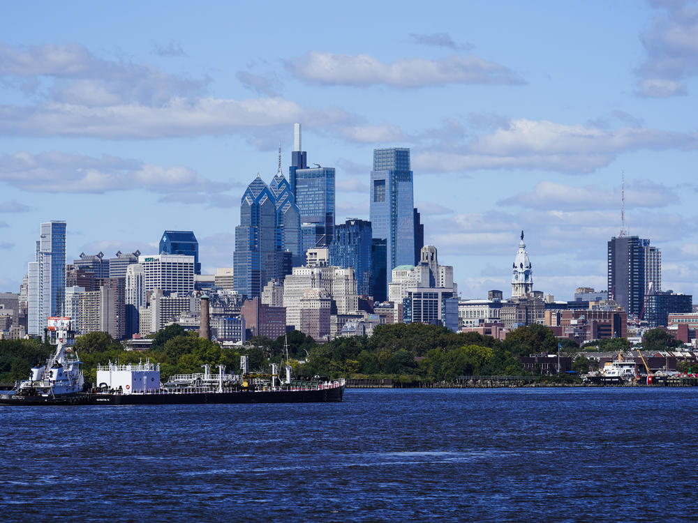 Philadelphia is seen across the Delaware River. Officials say the water is safe to drink — at least through Tuesday afternoon — after a latex finishing solution spilled into a Delaware River tributary late Friday.