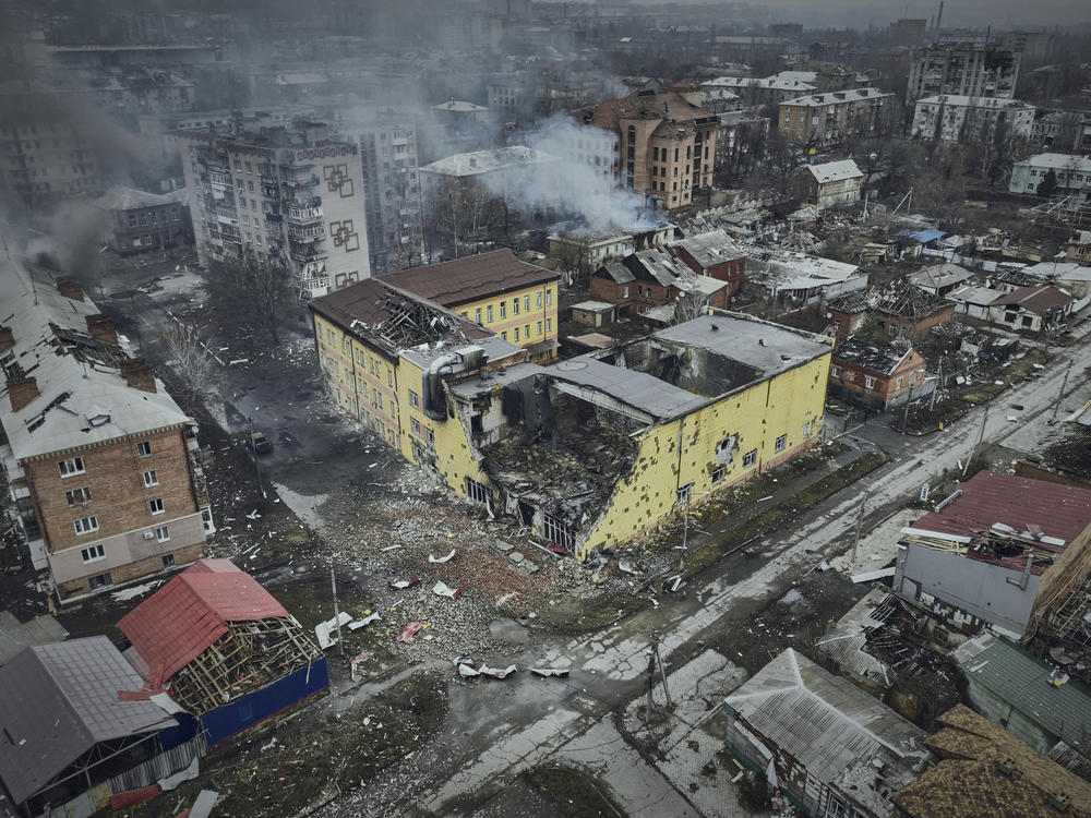An aerial view of Bakhmut, the site of heavy battles with Russian troops in the Donetsk region, Ukraine, Sunday.