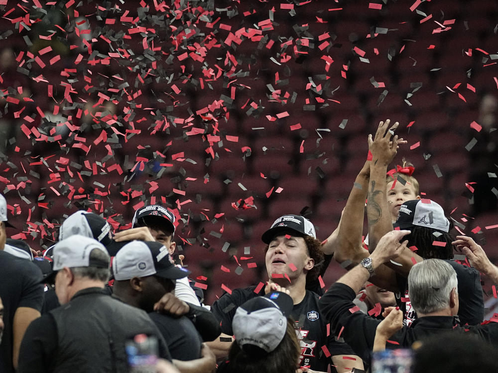 San Diego State players celebrate after a Elite 8 college basketball game between Creighton and San Diego State in the South Regional of the NCAA Tournament, Sunday, March 26, 2023, in Louisville, Ky.