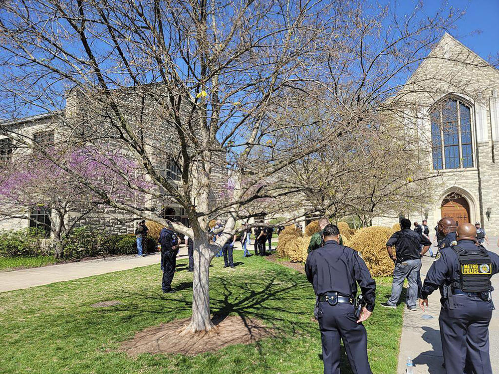This photo provided by the Metro Nashville Police Department shows officers at an active shooter event that took place at The Covenant School, Covenant Presbyterian Church, in Nashville, Tenn., Monday.