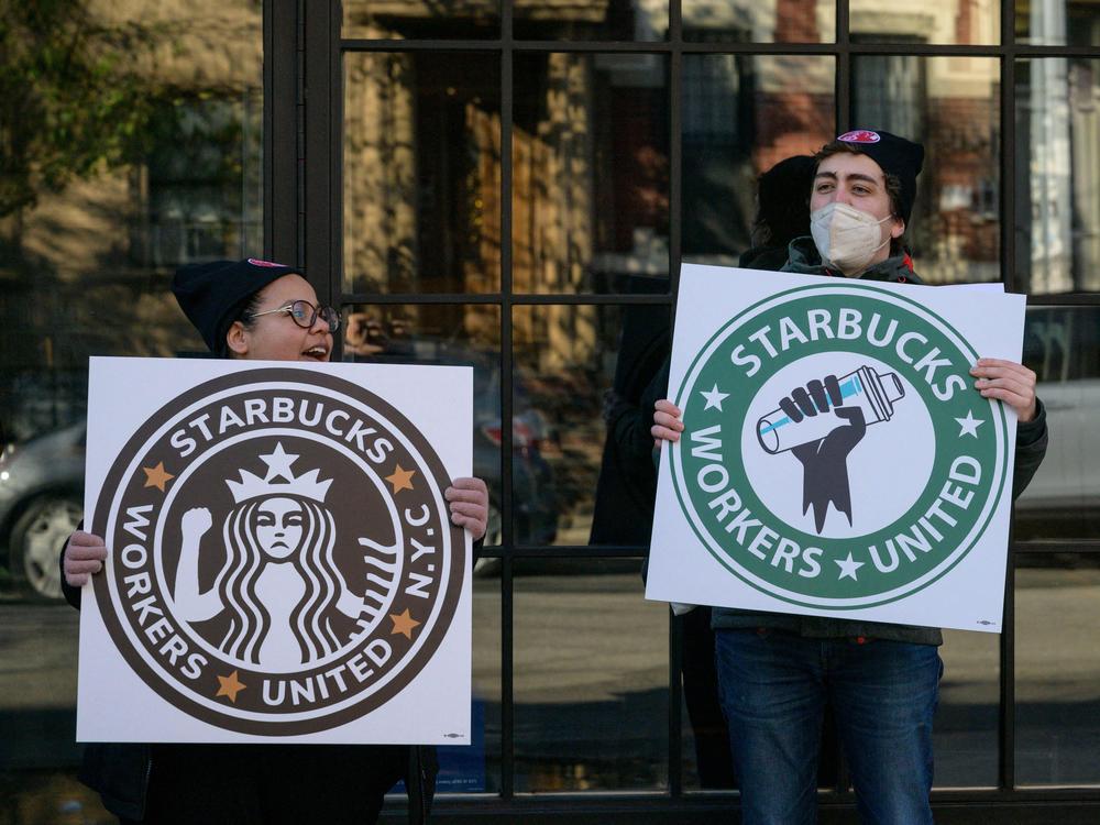 Starbucks workers strike outside a Starbucks coffee shop on Nov. 17, 2022, in Brooklyn, protesting the company's anti-union activities.