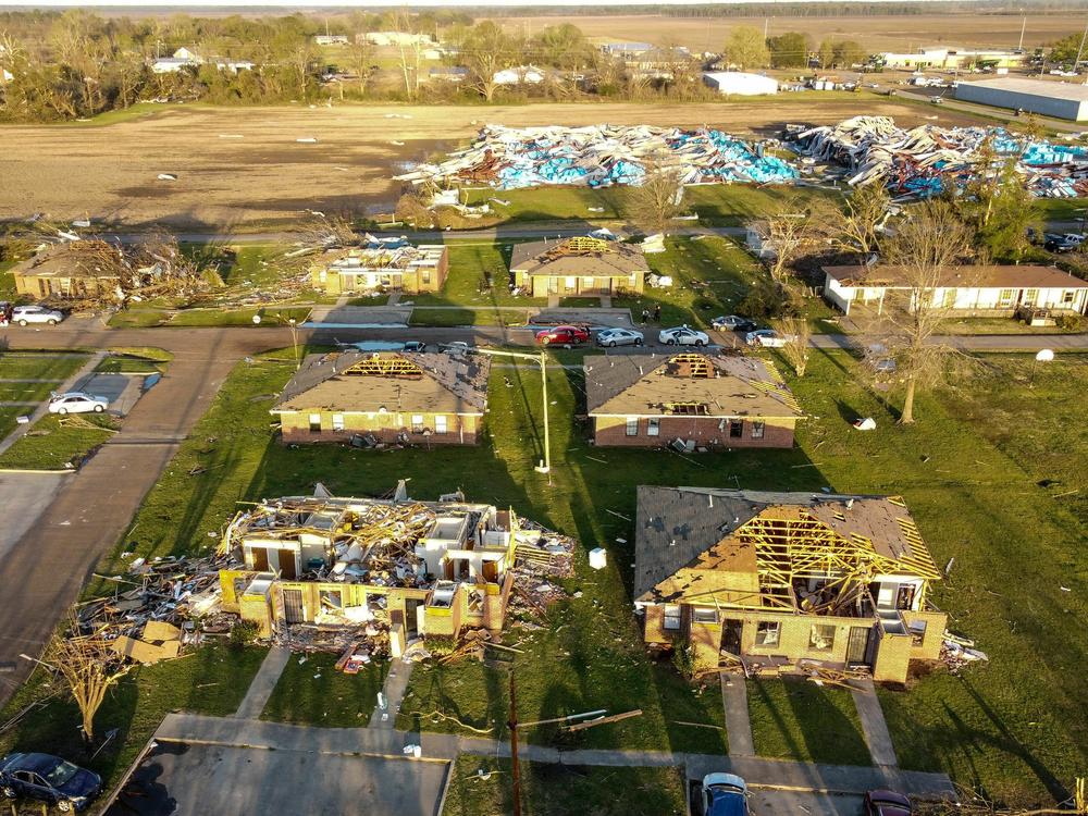 An aerial view of neighborhood in Rolling Fork, Miss., destroyed by Friday night's tornado.