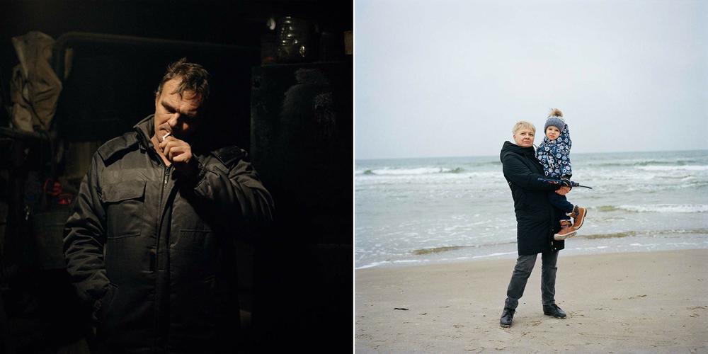 Left: Alexander Dokalenko, Elena Diachkova's husband, at a center for internally displaced people in the Dnipro region, where he has stayed since fleeing Avdiivka, December 2022. Right: Elena Diachkova and her grandson Nikita, 3, visiting the beach at Ustka, Poland, on the Baltic coast, December 2022.