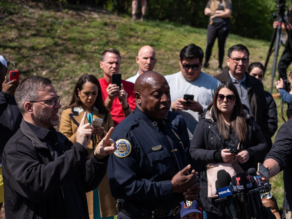 Nashville Police Chief John Drake speaks at a news briefing on Tuesday at the entrance to the Covenant School in Nashville, Tennessee.