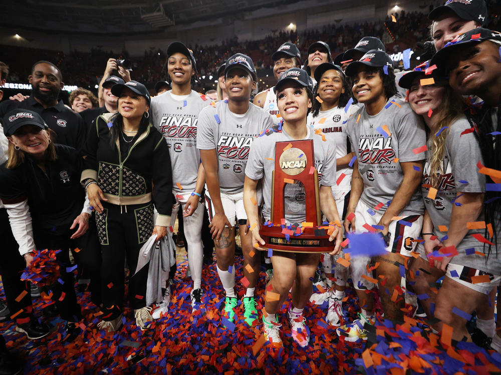 The South Carolina Gamecocks celebrate after their Monday night win over Maryland.