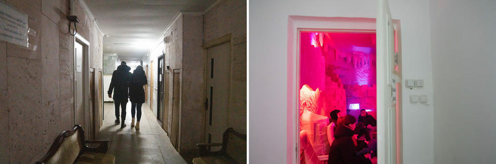 Left: Vlad and his sister Iryna walk through the hallway after visiting an aromatherapy room. Right: Soldiers and their wives or relatives relax in a salt room at a rehabilitation course in a spa in northeastern Ukraine.