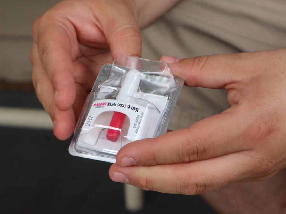 The opioid overdose reversal drug Narcan (shown here at the Unitarian Universalist Congregation of Charleston in Charleston, W.Va., on Sept. 6, 2022) has been approved for over-the-counter sales.