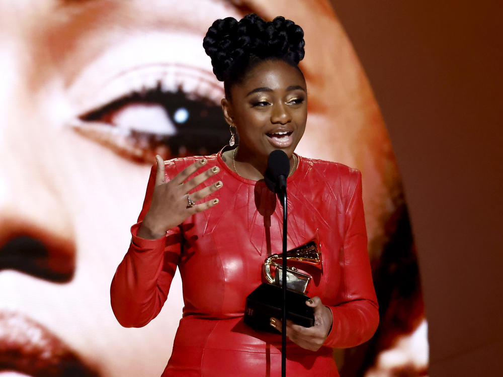 Samara Joy accepts the Grammy Award for best new artist in Los Angeles on Feb. 5.