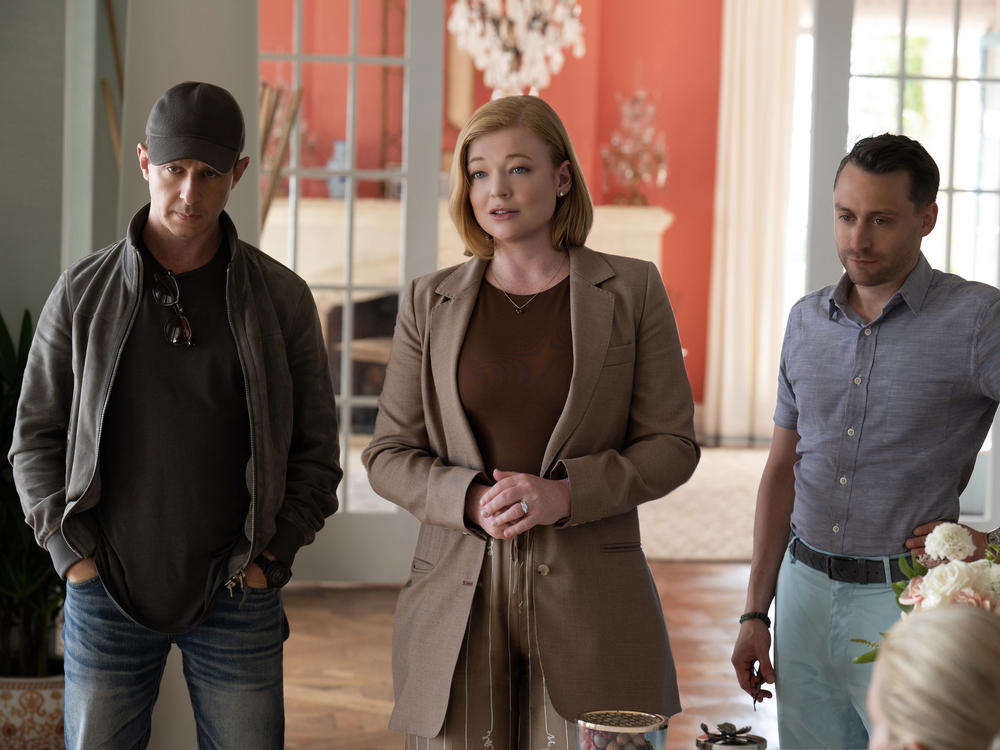 Jeremy Strong as Kendall Roy, Sarah Snook as Shiv Roy and Kieran Culkin as Roman Roy in <em>Succession</em>.