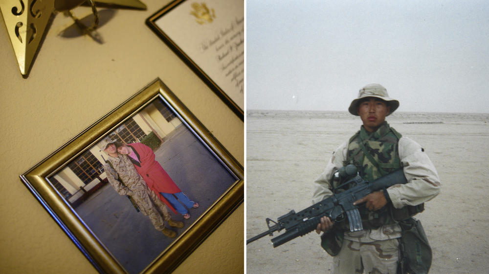 Left: A framed photo of Robert and Elena Zurheide. Right: A photo of Brad Shuder in Iraq. Robert Zurheide and Brad Shuder died after an explosion rocked a schoolhouse in Fallujah in 2004.