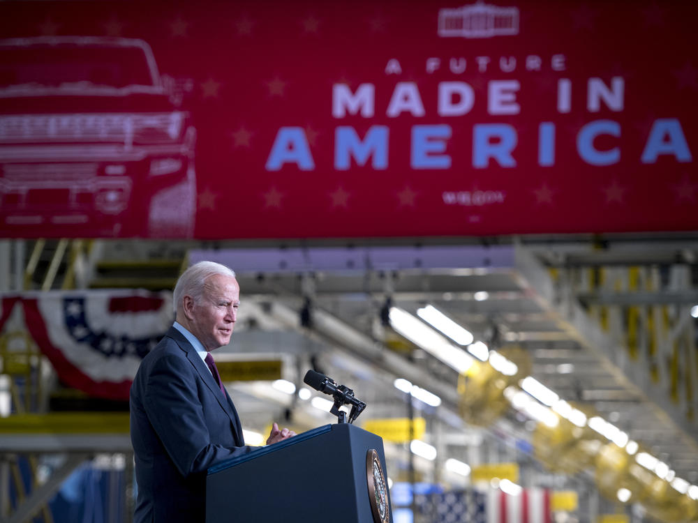 President Biden speaks at the General Motors Factory ZERO electric vehicle assembly plant in Detroit on Nov. 17, 2021. The Biden administration wants a certain percentage of battery minerals and components to be sourced from North America or a U.S. trade partner.