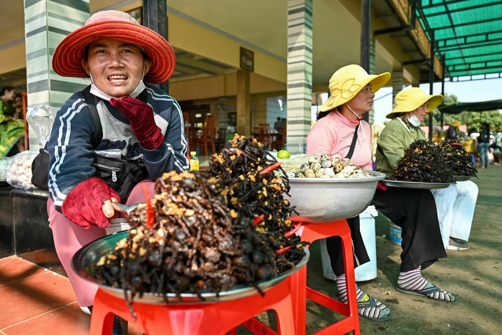 Cambodian vendors carry fried tarantulas and crickets in the town of Skun in Kampong Cham province on Jan. 15. Insects and spiders are part of the diet for many people in Southeast Asia and China.
