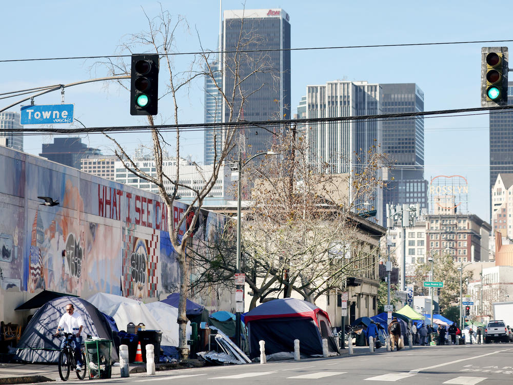 A homeless encampment along a street in Skid Row on Dec. 14, 2022 in Los Angeles, California. Two days earlier, LA Mayor Karen Bass declared a state of emergency regarding homelessness in the city, where an estimated 40,000 residents are unhoused.