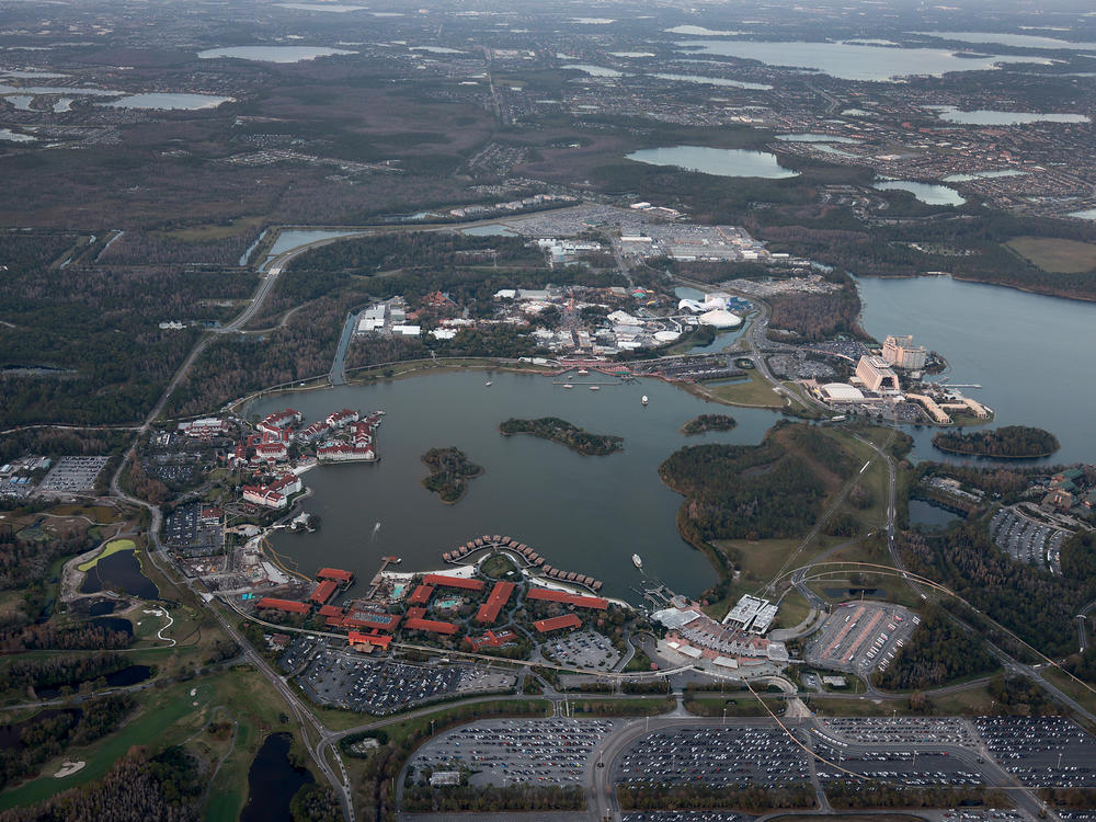The Walt Disney World resorts and surrounding district, seen in an aerial view last month. Gov. DeSantis's office thinks that it might be able to strike down the restrictive Covenant based on legality alone.