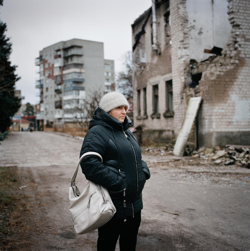 Nadezda Dunayeva, a retired nurse, at the hospital in Lyman, Donetsk region, where she works as a volunteer for World Central Kitchen distributing hot food daily to residents. December 2022.