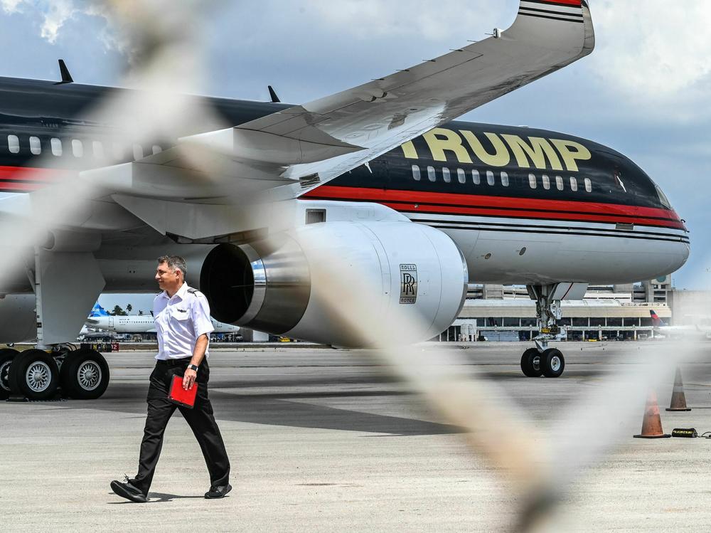 Former President Donald Trump's private airplane, known as Trump Force One, seen parked on the tarmac at the Palm Beach International Airport on Tuesday in Florida.