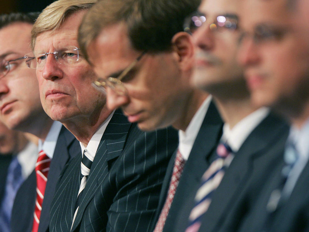 Former Solicitor General Ted Olson (second from left) sits with Bush administration lawyers during the Senate Judiciary Committee's hearing on Guantánamo detainees on July 11, 2006, on Capitol Hill in Washington, D.C.