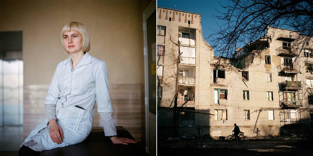 Left: Hanna Shcherbak is an anesthesiologist and medical director of Hospital 3 in Kramatorsk, Donetsk region. She's been living in Kramatorsk since 2005 but is originally from Donetsk city, which has been occupied since 2014. In December 2022, an average of two to three civilians were admitted daily as a direct result of the war. Right: A heavily damaged apartment block in Lyman, Donetsk region.