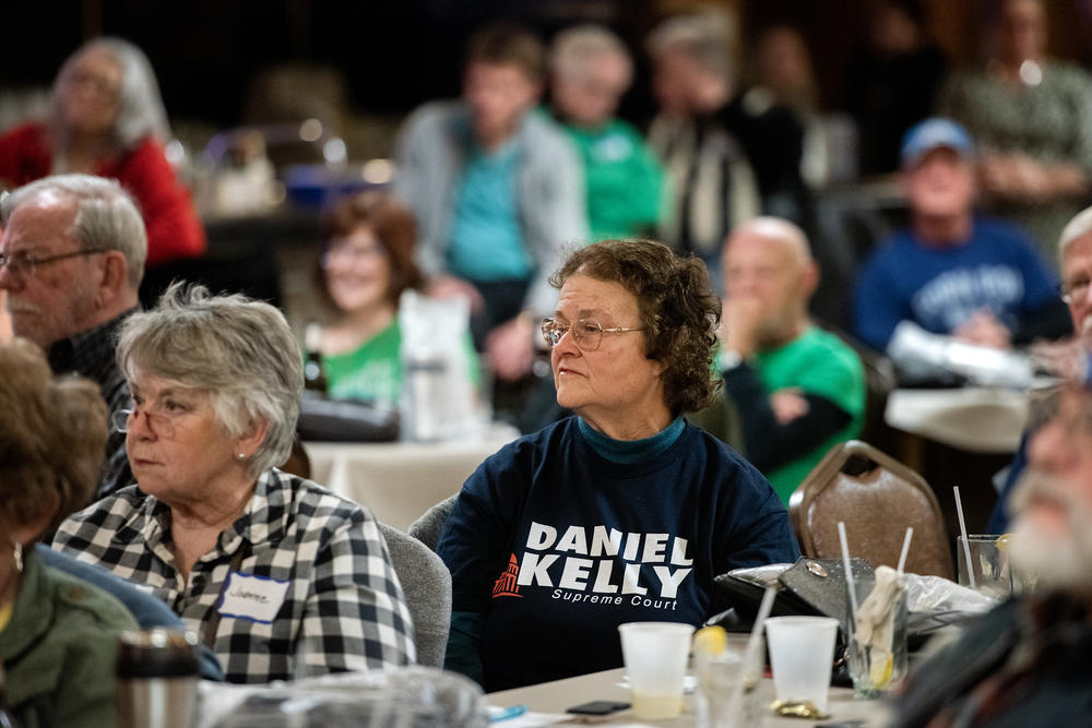 Supporters of former Justice Dan Kelly attend a St. Patrick's Day party with Republican speakers on March 16 at Clifford's Supper Club in Hales Corners, Wis.