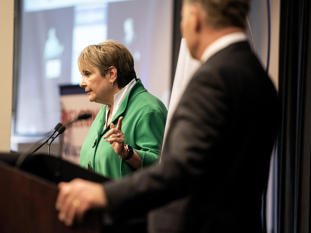 Judge Janet Protasiewicz points at former Justice Dan Kelly during a debate March 21 at the State Bar Center in Madison, Wis.