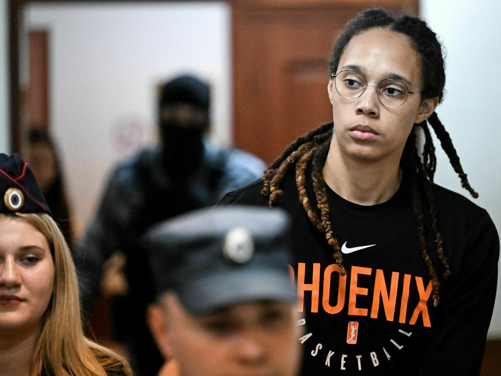 WNBA superstar Brittney Griner arrives to a hearing at the Khimki Court, outside Moscow on July 27, 2022. Griner was released in December 2022 after spending nearly 10 months in a Russian prison.