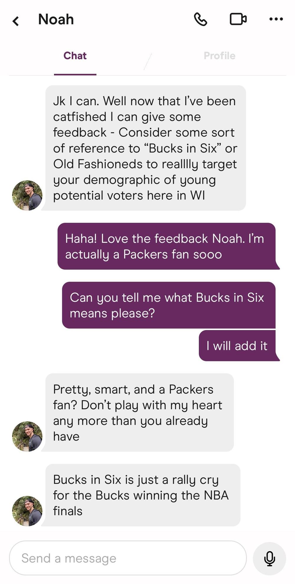 Despite the motives of the match, Noah Turecek and Kristi Johnston hit it off and have made plans for virtual drinks — though it may have to wait until after the election.
