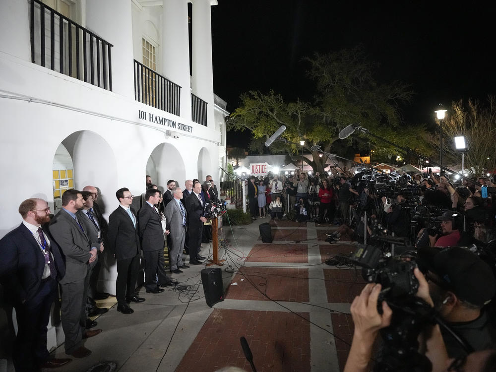 South Carolina Attorney General Alan Wilson talks to the media after the conviction of Alex Murdaugh outside the Colleton County Courthouse on March 2, 2023, in Walterboro, S.C.