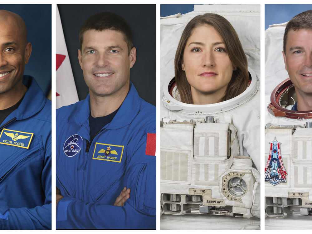 This combination of photos shows, from left, astronauts Victor Glover, Jeremy Hansen, Christina Koch, and Reid Wiseman.
