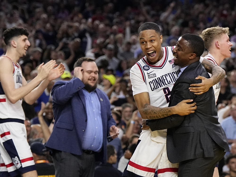 Connecticut guard Jordan Hawkins celebrates after the men's national championship college basketball game against San Diego State in the NCAA Tournament on Monday, April 3, 2023, in Houston.