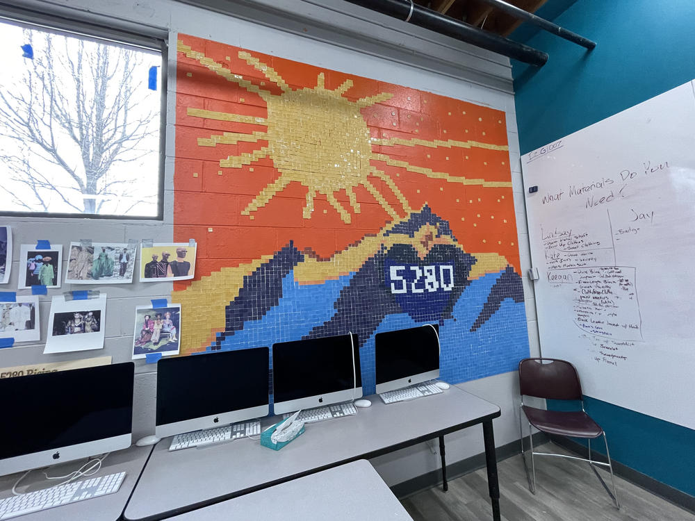 A mosaic in the computer lab at 5280 High School in Denver. Colorado's only high school with a recovery program opened in 2018 as a public charter school and today enrolls more than 100 students.