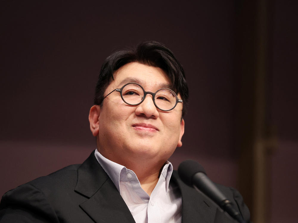 Bang Si-hyuk, chairman of HYBE, speaks during a debate hosted by the Kwanhun Club in Seoul, South Korea, on March 15.