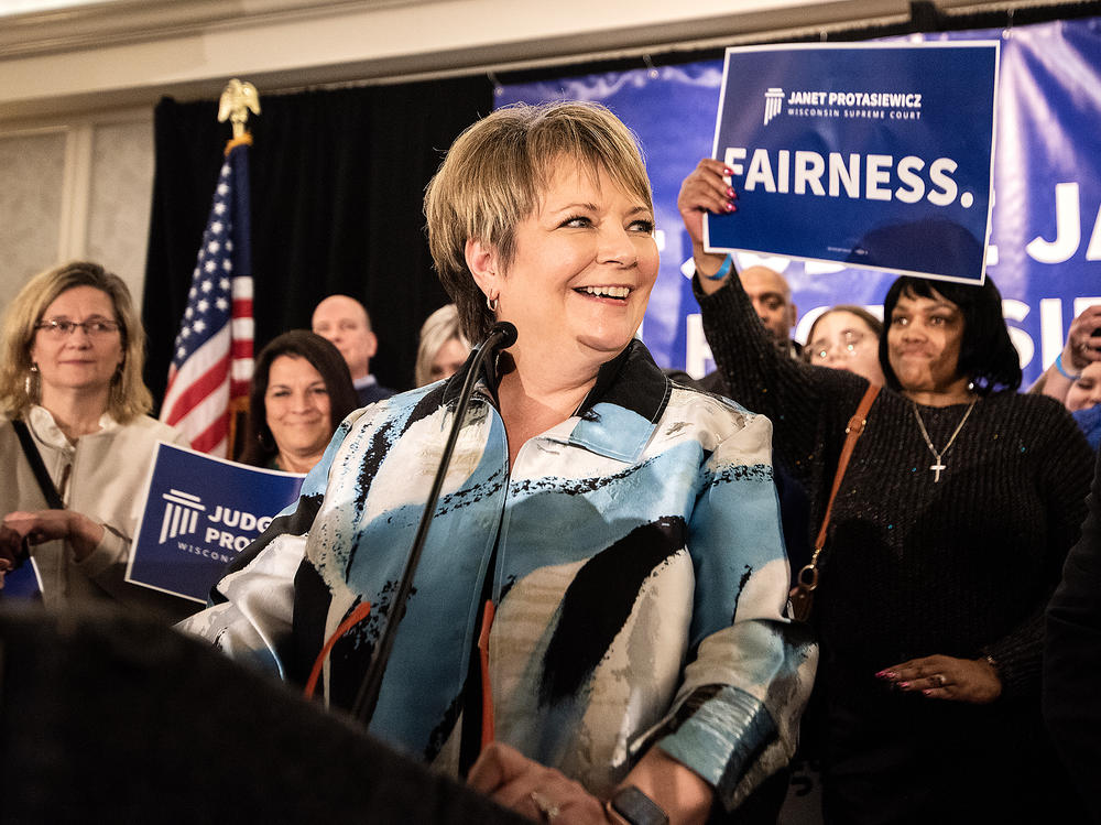 Judge Janet Protasiewicz delivers her victory speech after winning a seat on the Wisconsin Supreme Court on Tuesday, April 4, 2023, in Milwaukee, Wis.